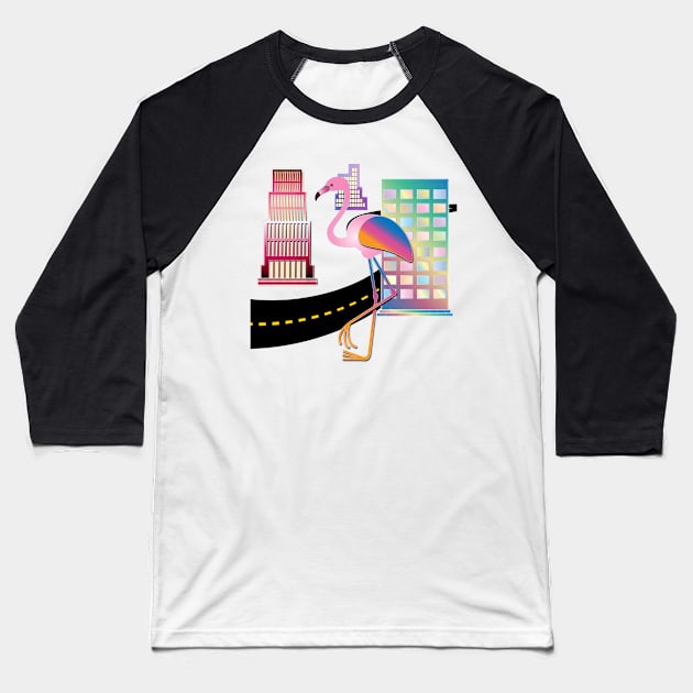 Flamingo In The City Baseball T-Shirt by KeeganCreations